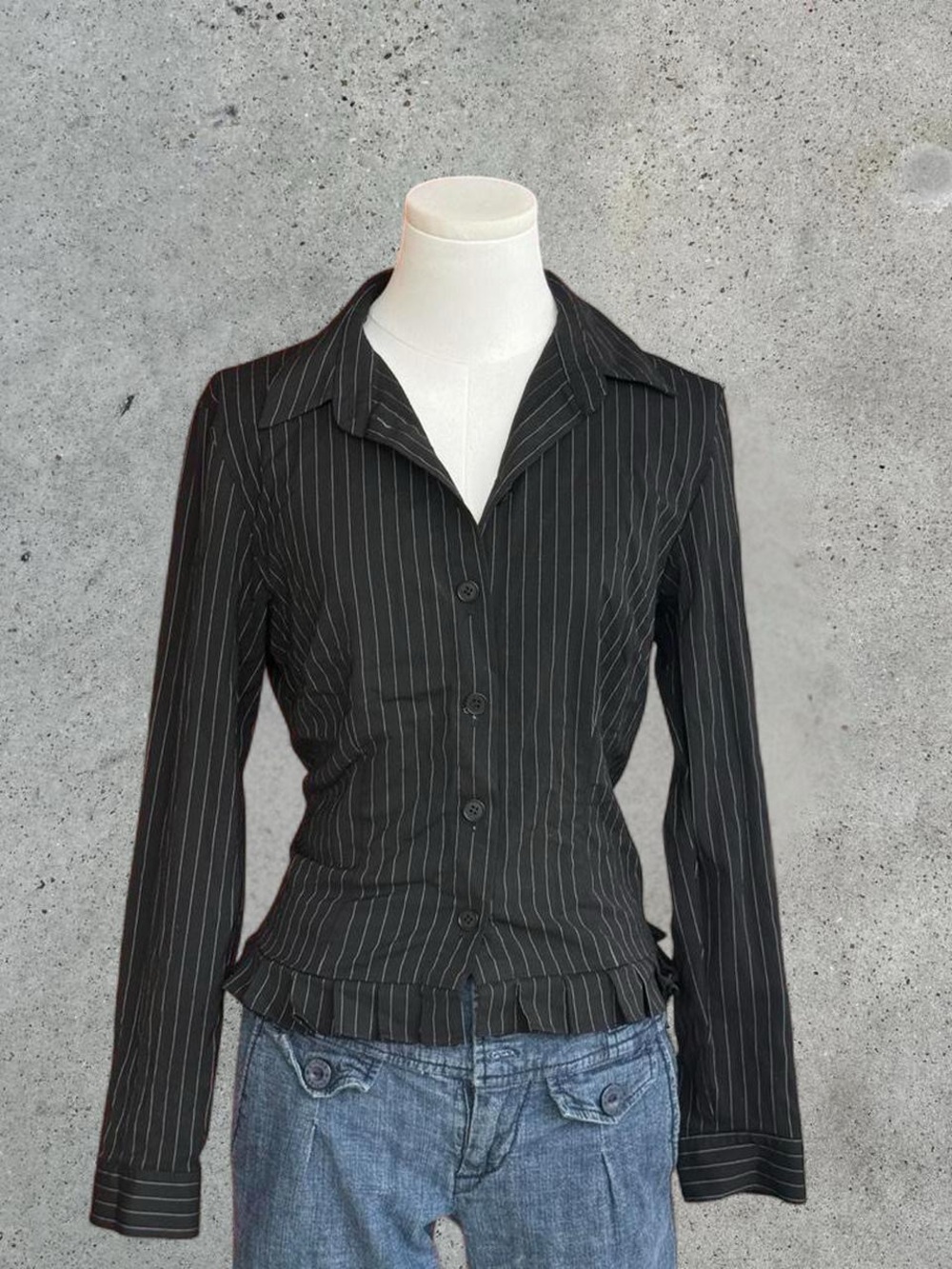 Black Pinstripe Button-Up Blouse